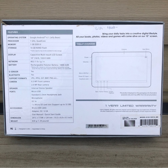 Digital2 10” Pad Platinum Android QuadCore Silver Tablet Model D2-1061G-MS FPOR - Picture 2 of 16